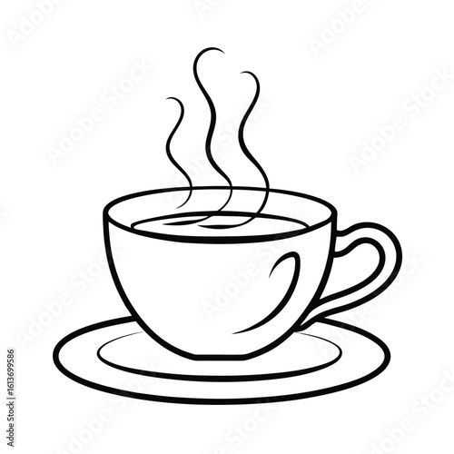 Elegant line art teacup with saucer and wisps of steam