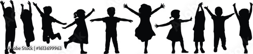children silhouette vector, happy kids pose, standing dancing silhouette, fun child design, group kids clipart, joyful children art, black silhouette isolated, playful figure