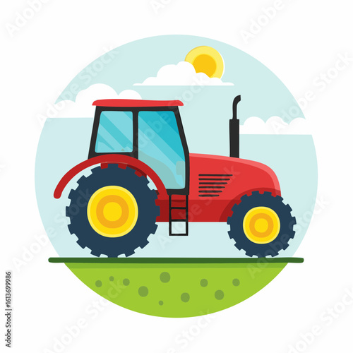 Cartoon Red Tractor on a Farm Landscape Illustration