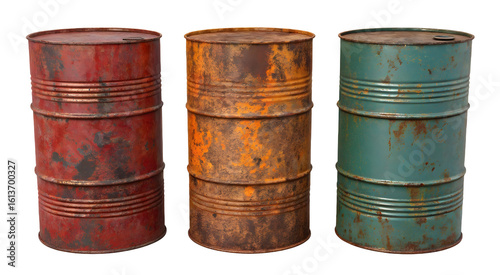 Old rusty metal oil barrel set isolated on white or transparent background