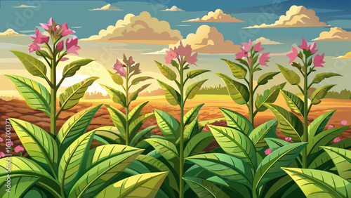 Tobacco plants blooming in agricultural land sway gently under the sun, their pink flowers glowing. Semi-realistic vector art captures each leaf’s texture and the richness of cultivated earth.