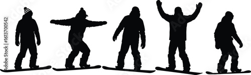 Silhouette of snowboarders in motion, winter sport action scene, snowboarding illustration, vector art, outdoor adventure, black and white design