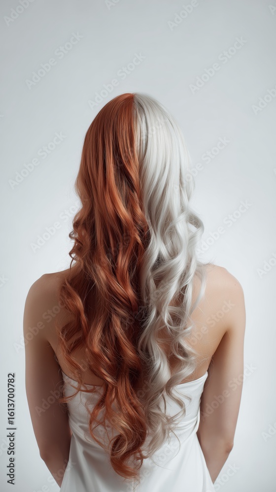 Fototapeta premium Back View of Woman with Wavy Split-Dye Hair in White and Copper
