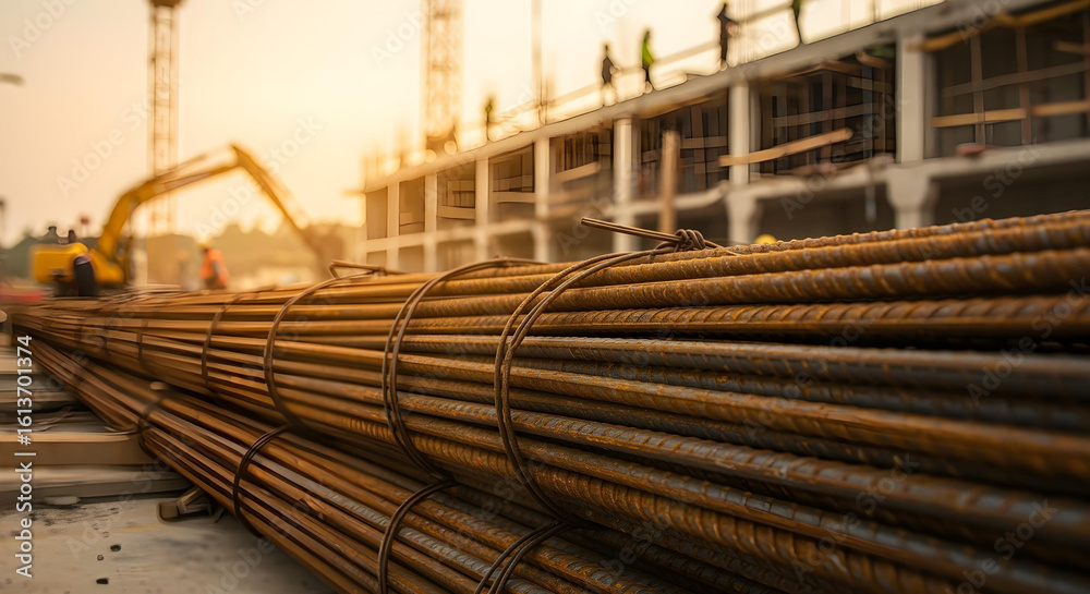 Close-up of rusted steel rebar stack with active construction site and warm industrial glow.
Close-up of rusted steel rebar stack with active construction site and warm industrial glow.