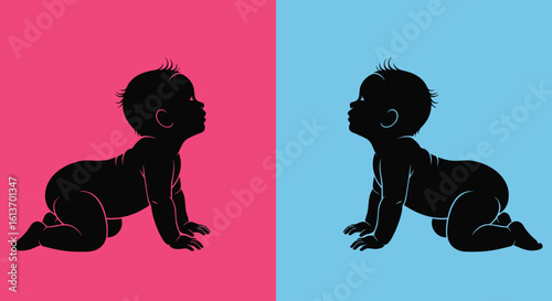 Silhouettes of crawling babies on pink and blue backgrounds, gender reveal concept, infant illustration, cute newborns, vector design, childhood theme