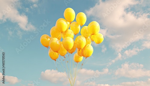 Cluster of yellow balloons against a light blue sky