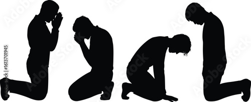 man praying silhouette, kneeling position illustration, silhouette vector art, worship in silence pose, religion concept artwork, peaceful posture clipart design