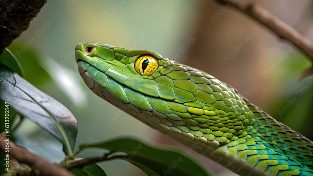 Obraz premium Close-Up of Vibrant Green Snake with Striking Yellow Eye in Natural Habitat