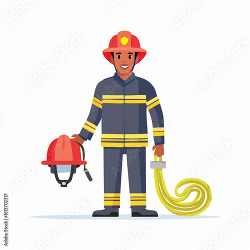 Smiling firefighter in uniform holding a helmet and coiled yellow hose