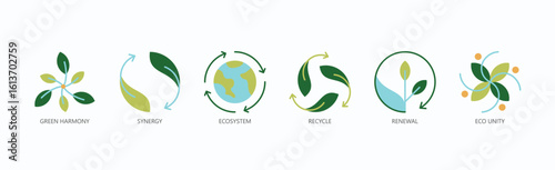 Sustainable Synergy Icon Set Isolated Vector With Icon Of Green Harmony, Synergy, Ecosystem, Recycle, Renewal, Eco Unity In Flat Style