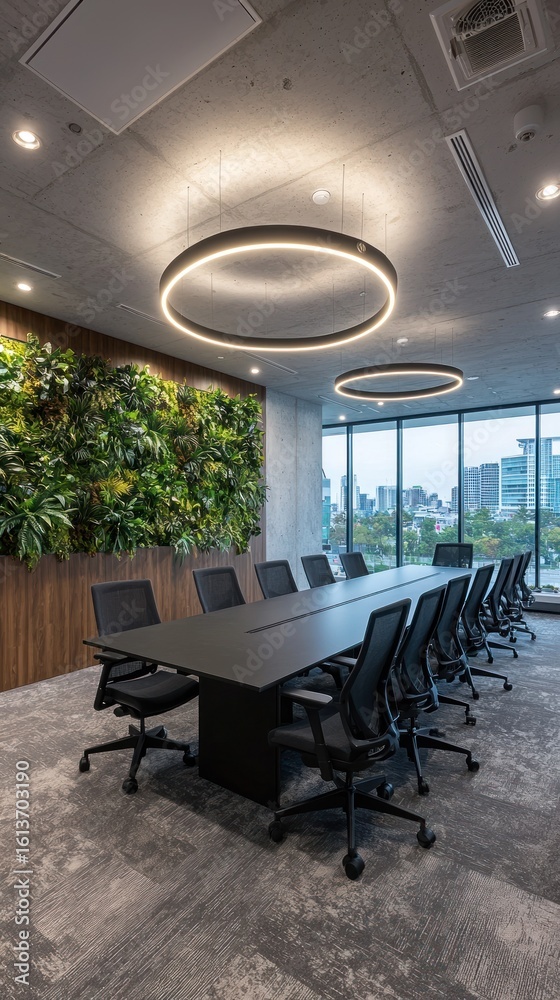 Fototapeta premium Sleek conference room with green wall, dark table, and circular pendant lights