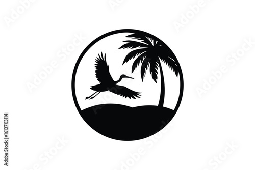 Sunset Scene with Palm Tree and Stork Gliding in the Air