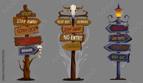 Scary Halloween holiday sign boards with cartoon spooky skulls, spider and cobweb. Vector old wooden posts and vintage rusty metal street lamp with beware, danger, stop and stay away warning signs