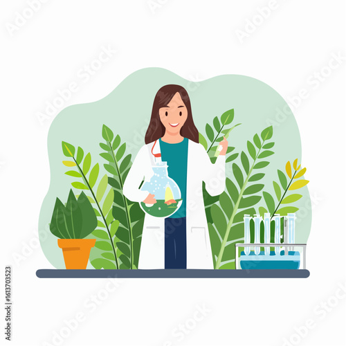 Smiling female scientist in lab coat holding plant specimen and Erlenmeyer flask
