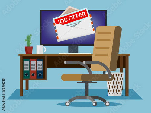 Envelope with letter about job offer on office monitor screen. Vector illustration