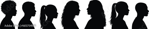 Diverse people silhouette set – men and women profile portraits facing right, vector illustration for teamwork, inclusion, identity concepts
