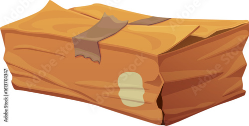 Damaged and ripped package cardboard box. Destroyed wet cargo container, damaged dirty isolated cartoon vector cardboard paper parcel. Broken crushed shipping package or ripped crumpled delivery box