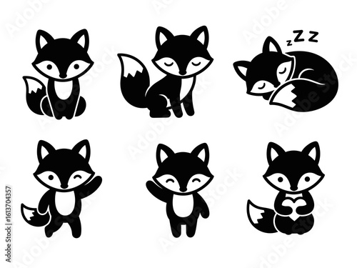 Cute black fox cartoon set, happy foxes collection, sleeping foxes