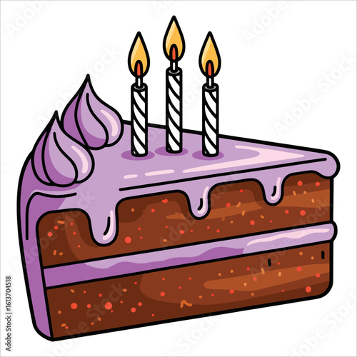 Sweet holiday bakery pieces set with chocolate, berry and fruit cakes, breakfast dessert with candles in flat cartoon hand drawn vector style