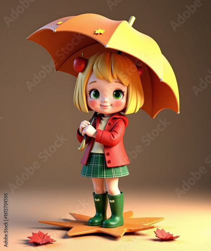Charming girl with an umbrella in the autumn rain