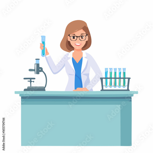 Smiling female scientist holding a test tube in a laboratory setting