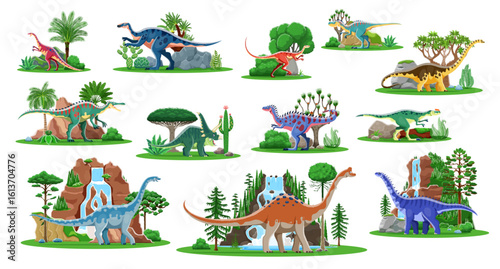 Cartoon prehistoric dinosaur characters with jurassic forest trees, mountains and waterfall. Vector dino personages of allosaurus, suchomimus, anchisaurus. Cute aralosaurus, pelorosaurus and kileskus