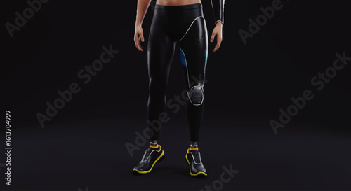 A woman stands in athletic leggings and running shoes, showcasing sportswear against a dark background.