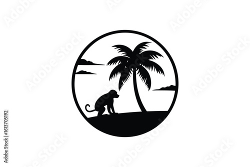 Sunset Silhouette Macaque Observing Horizon Under Palm Tree Against Colorful Sky