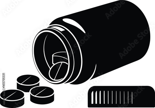 Silhouette of Medicine Bottle with Pills – Black and White Vector Illustration