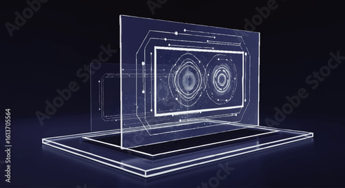 Abstract digital rendering of a laptop with transparent screens displaying circular data visualizations and geometric patterns.