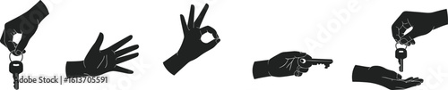 hand gestures vector silhouette, holding key illustration, ok hand icon, pointing finger shape, handing keys graphic, black hand symbols