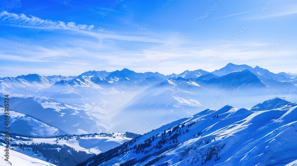 Fototapeta premium Scenery of the Blue Snow Mountain Range,panoramic view of the Alps—Towering Peaks in Azure Tones, Snow-Capped Summits & Vast Landscapes, Nature’s Breathtaking Alpine Canvas.