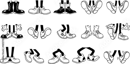 Set of vintage cartoon feet in shoes. Cartoon boot. Comic retro feet in different poses. Vector illustrations

