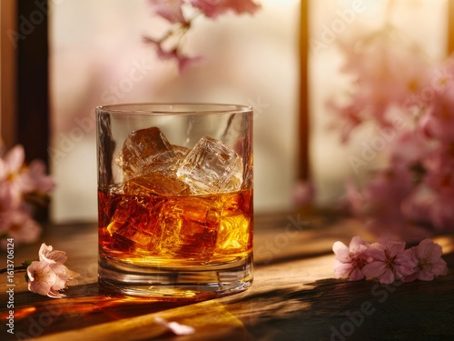Whiskey Glass with Ice and Cherry Blossoms on Wooden Table