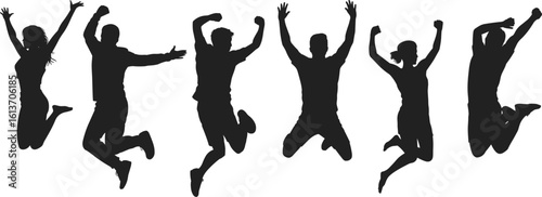 happy people jumping silhouette, joyful celebration pose, excited vector illustration, energetic leap silhouettes, jumping crowd clipart, group jump vector design