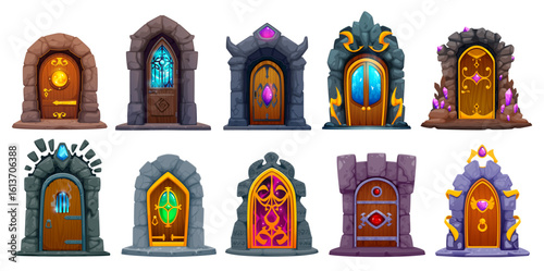 Fantasy magic portal doors and gates for game assets, vector cartoon teleports. Magic witchcraft game assets of Medieval doors and ancient portal gates or dungeon chamber gateways with mystic glow