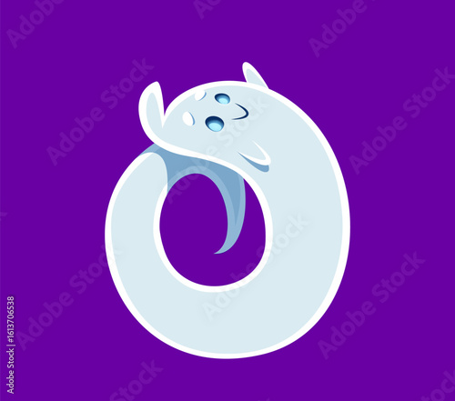 Halloween font 0 digit ghost cartoon cheerful character. Halloween creature personage English ABC figure or number or ghost funny character font typeset vector zero digit, alphabet numeral symbol