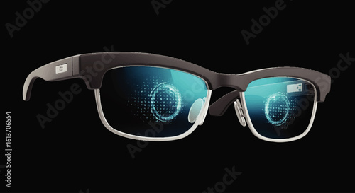 Stylish augmented reality glasses, displaying holographic data on lenses.