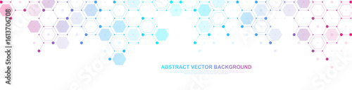 Modern health care or medical background design. Health care innovation concept. Horizontal header web banner. Abstract geometric background with hexagon shapes for medicine, science, chemistry.
