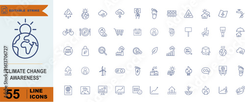 Climate Change Awareness Icon Pack – 55 Line Icons Featuring Environmental Impact, Sustainability Actions, Pollution Visuals & Advocacy Tools