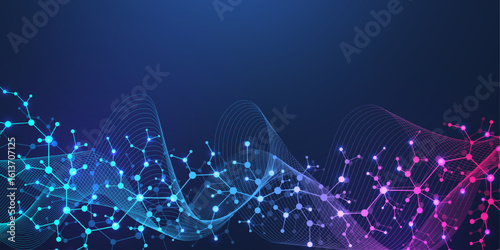 Molecular abstract structure and genetic engineering DNA. Healthcare and medicine background concept. Scientific research background. Wave flow. Innovation pattern. Vector illustration.