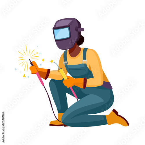 Female Welder Concentrating on Work