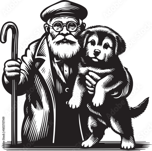 Heartwarming illustration of a senior man holding a cute puppy with love and companionship