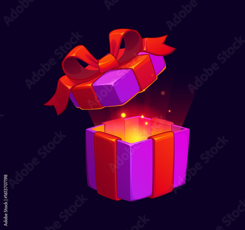 Gift box game icon with magic shine for bonus award or GUI asset, cartoon vector. Purple gift box with opening lid for game prize or surprise present and level complete reward with golden light glow