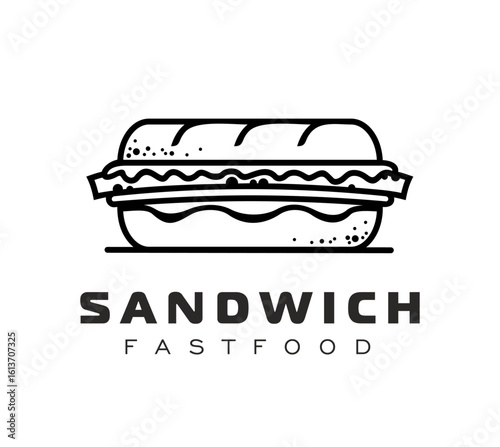 Sandwich icon for fast food restaurant or snack bar and food court menu, vector line symbol. Sandwich outline icon with meat and cheese in bun for fast food cheeseburger, BBQ burger or hamburger meals