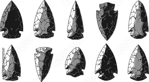 Set of Illustration of stone arrowhead. Design element for poster, card, banner, logo, emblem. Vector illustration
