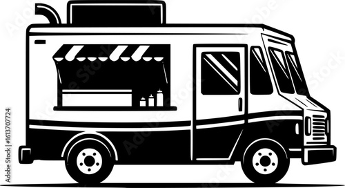 Illustration of an food truck. Design element for emblem, sign, badge. Vector illustration

