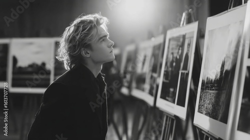 A young blonde person in a dark jacket observes framed pictures displayed on easels in a quiet gallery setting,