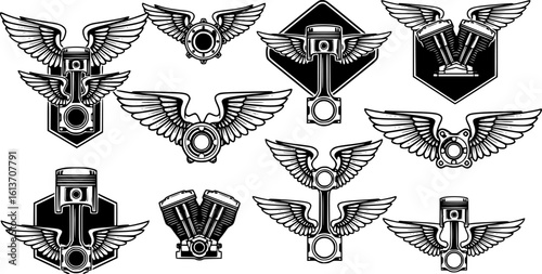 Set of winged motorcycle engine. Design elements for poster, emblem, sign, logo, label, emblem.
