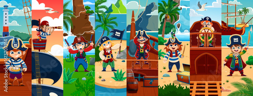 Cartoon funny kid pirates and corsair sailor characters collage, vector background. Caribbean pirates kids on ship or boat, boy captain in tricorn hat and girl skipper with spyglass at treasure island